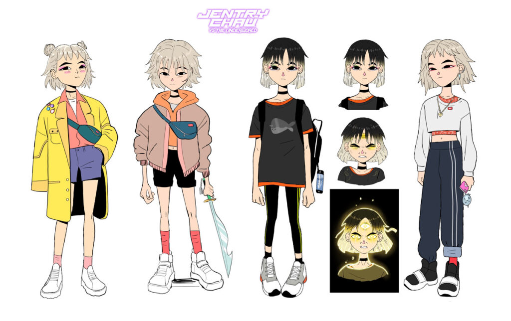 Character lineup sheet showing multiple stylized characters with outfit variations and glowing facial details