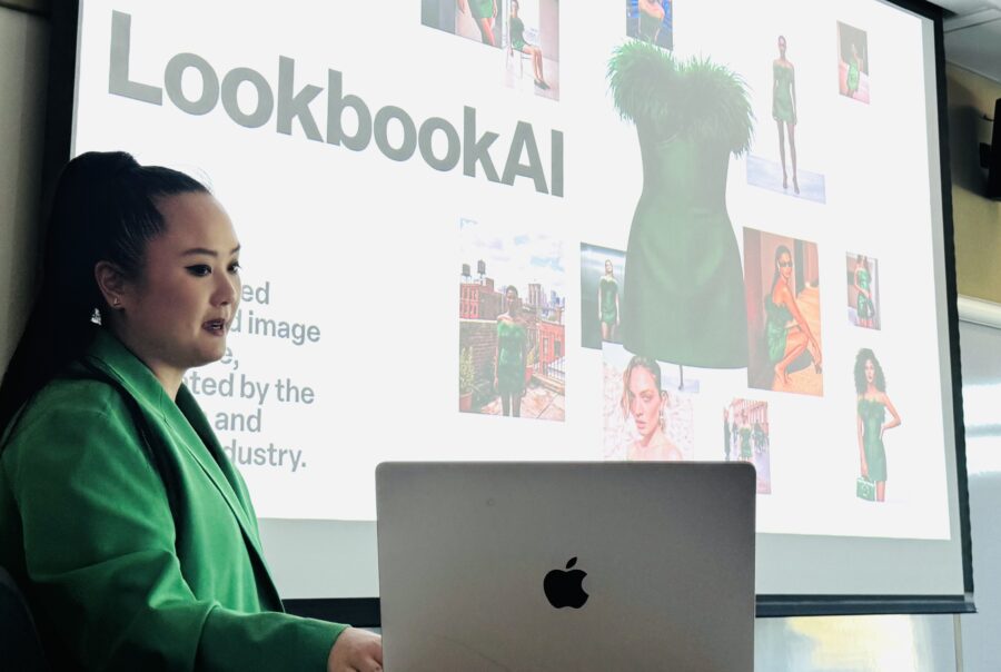 Woman in front of screen