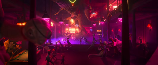 Animated nightclub scene with vibrant neon lighting and stylized characters dancing