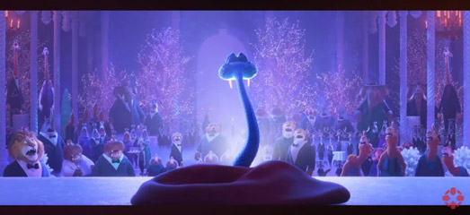 Animated formal gathering with stylized animal characters in a grand setting