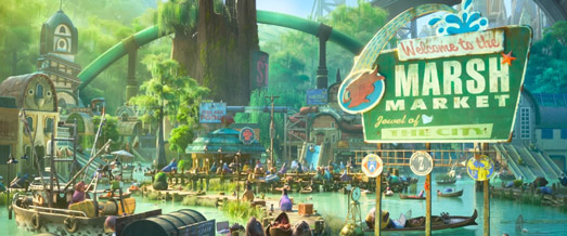 Colorful animated marketplace scene with lush greenery and detailed environments