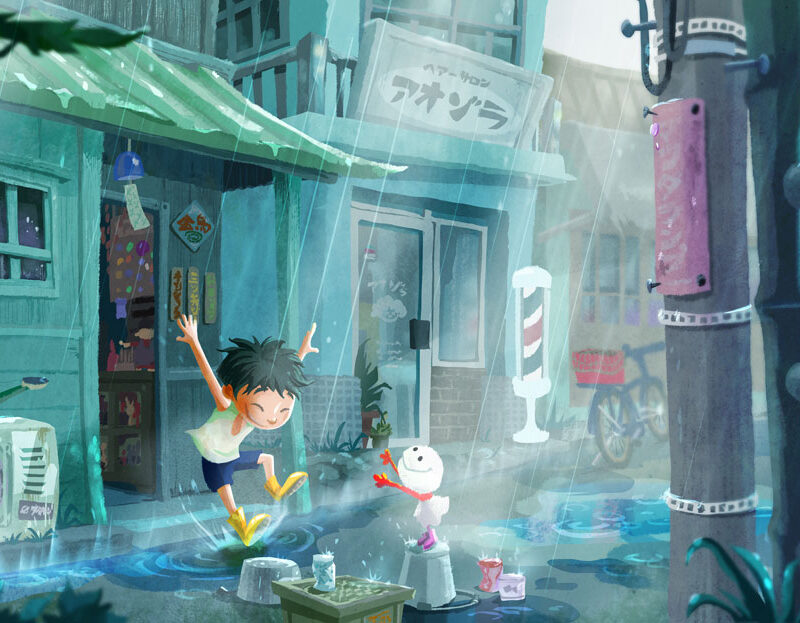 Illustration of a boy jumping outdoors