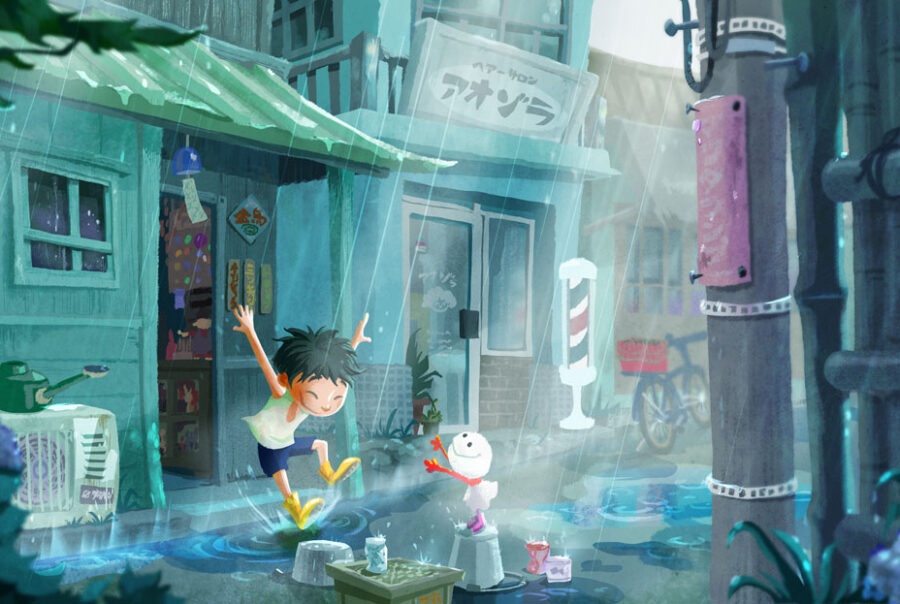 Illustration of a boy jumping outdoors