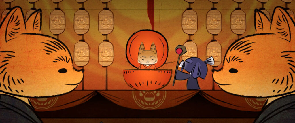 Gatcha! by Stacy Moon ’20, Nadya Sugiarto ’20, and Susan Huang ’20 Illustration of two feline creatures facing each other
