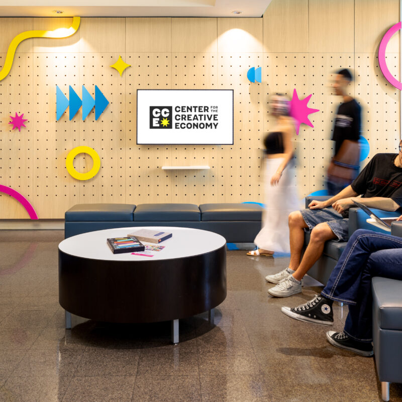students working in lobby