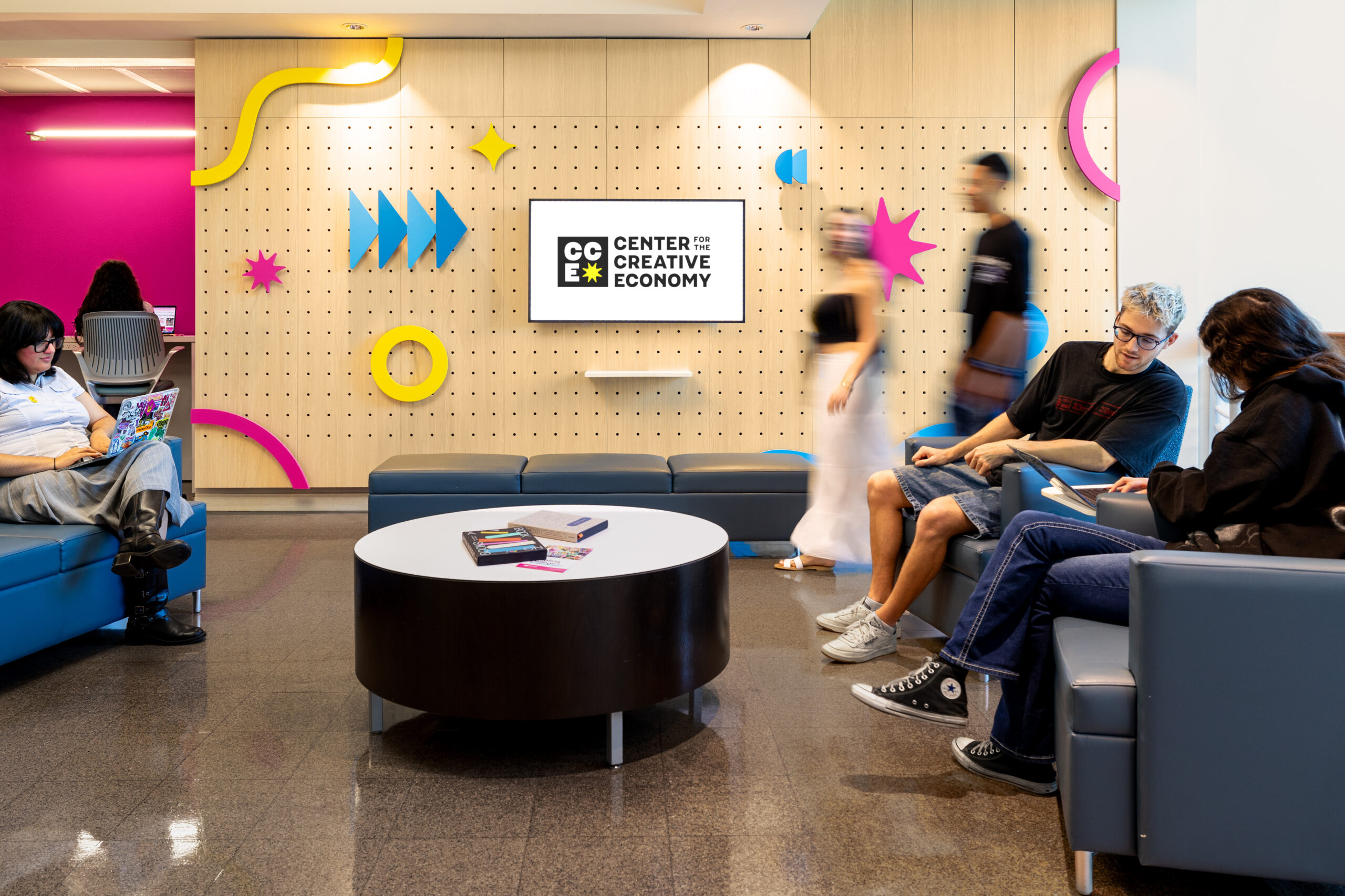 students working in lobby