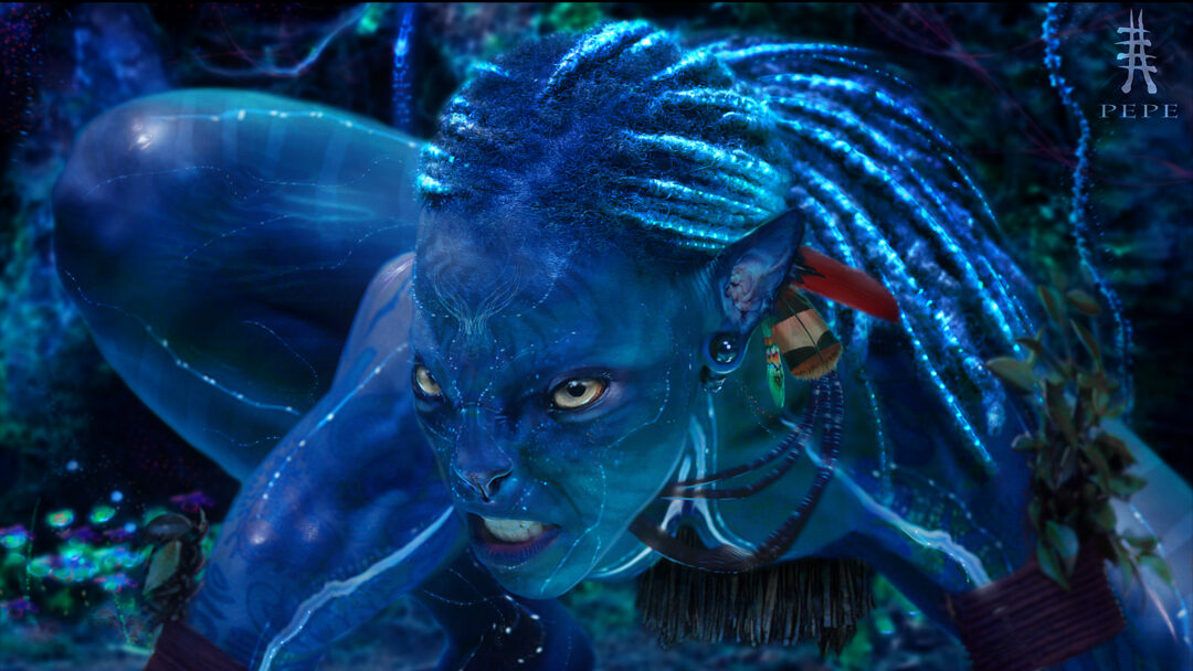 A blue character from the Avatar series crouching and snarling.