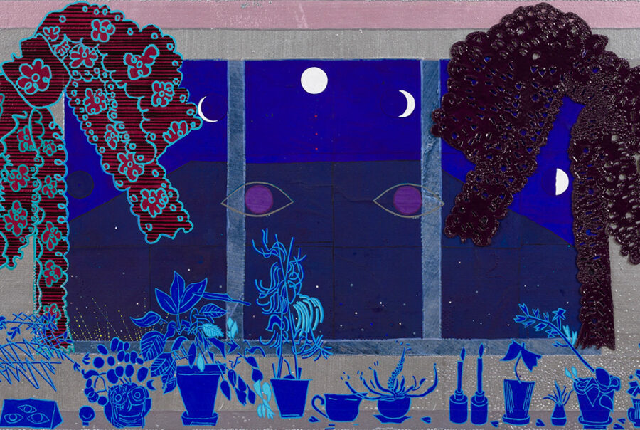 blue artwork with eyes