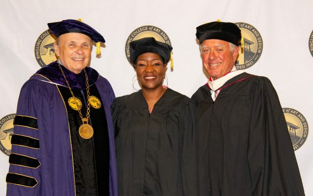 Dr. Larry R. Thompson, President, Ringling College of Art and Design, Dr. Jacinda Walker, 2022 Commencement Speaker, and Mr. Michael Klein, Chair of the Ringling College of Art and Design Board of Trustees.