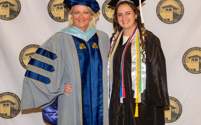 Dr. Tammy S. Walsh, Vice President for Student Life and Dean of Students with Skylar Stewart ’22, Illustration, Student Commencement Speaker.